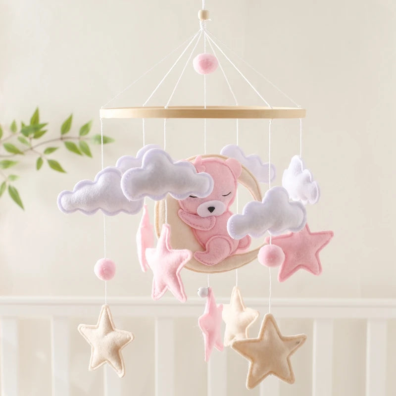 Wooden Crib Mobile Baby Bed Bell Rattle Toy Soft Felt Cartoon Bear Mobile bracket Newborn Music Box Bed Bell Hanging Bracket Toy