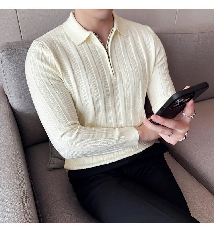 Men's Zip-Front Knit Sweater - White Polo Collar (Black/Burgundy/Cream) M-4XL Soft Touch Autumn Winter Casual Style