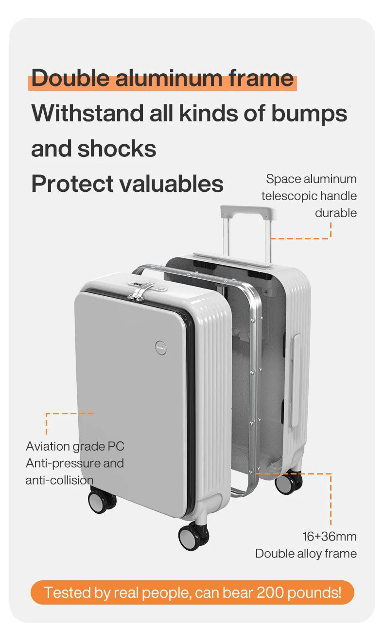 Mixi M9286 Aluminum-Frame PC Carry-On | USB Port, Cup & Phone Holder, TSA Lock, 360° Spinner Wheels (20″/24″)