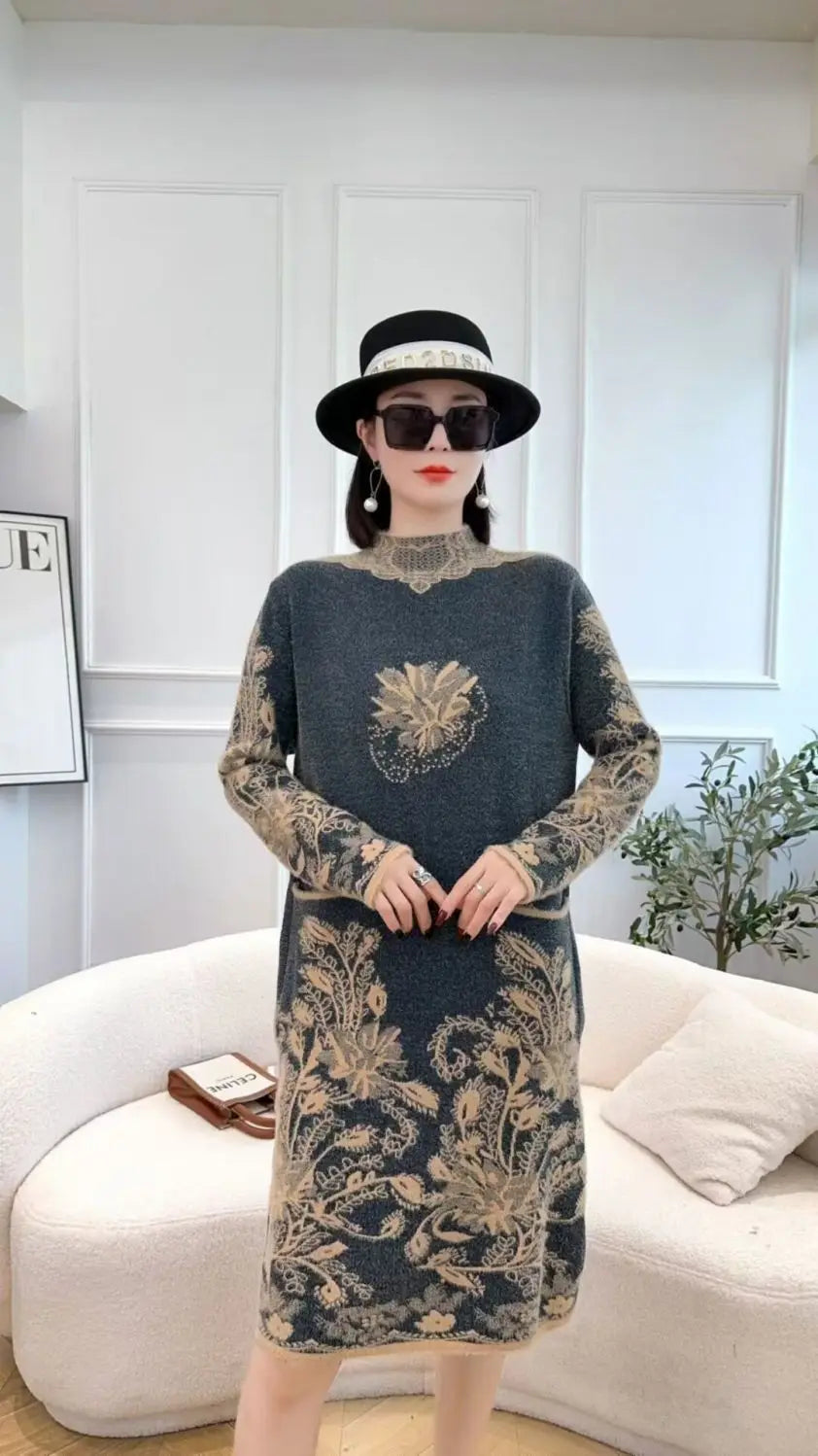 Autumn Winter Women Vintage Ethnic Style Flower Pockets Knitted Dresses Ladies Half High Collar Long Sleeve Loose Sweater Dress