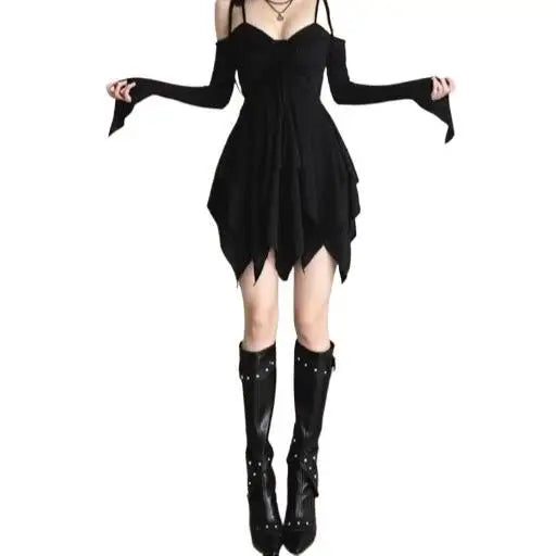 Plus Size Wind Tie Drawstring Sexy Girl Strap Dress Asymmetrical Pleated Slim Short Skirt Knitted Fabric No Sleeve Vintage Art