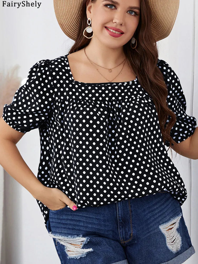 FairyShely Plus Size Square Collar Summer Top – Elegant Short Sleeve Casual T-Shirt for Women