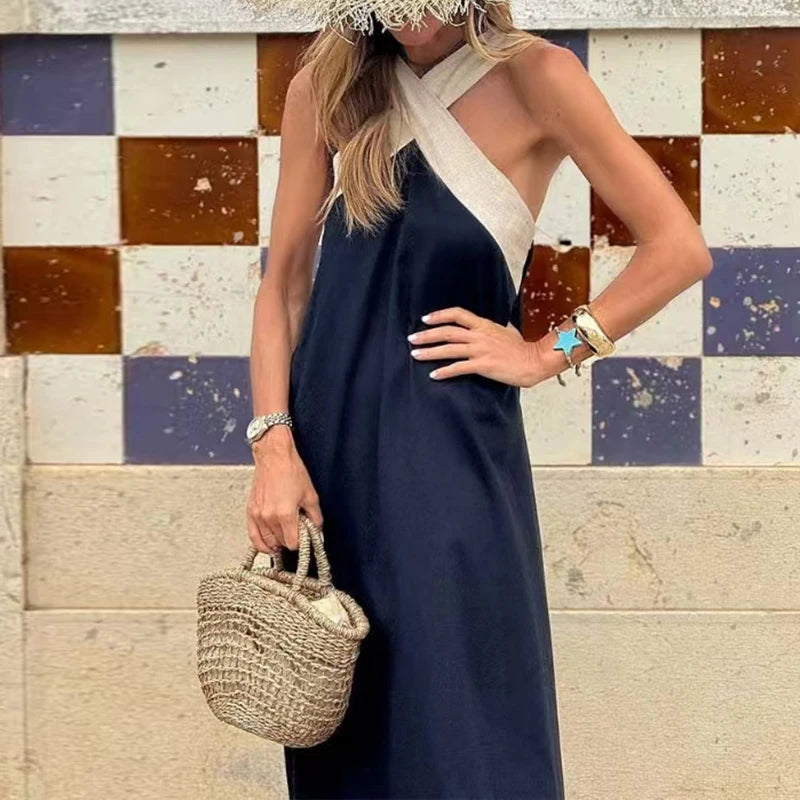 Vestido Sexy Cross Halter Sling Long Dress Women Spring Off Shoulder Hollow Party Dress Summer Sleeveless Backless Holiday Dress