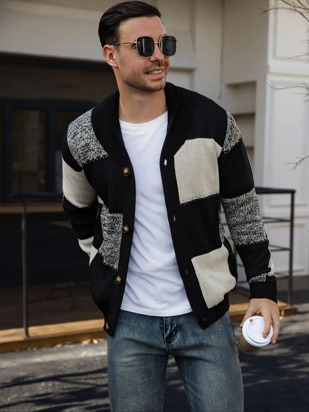 Men's Autumn and Winter Cardigan Sweater, Black-White-Gray Plaid Color Block, Casual and Versatile Knitted Jacket