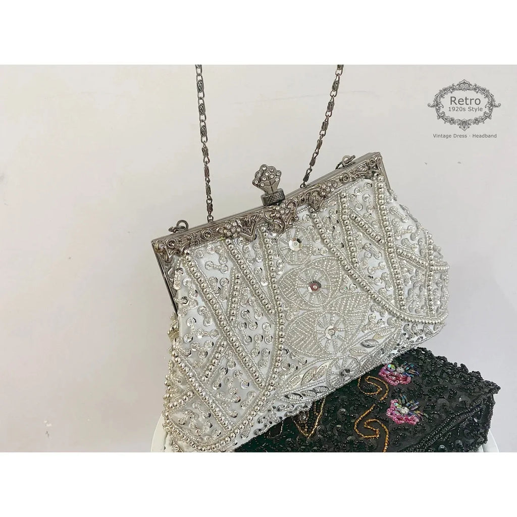 Lost in Vintage Clutch Handbag Beaded and Sequin Kiss-lock Closurer Shoulder Bag Crossbody Detachable ChainProm Evening Party