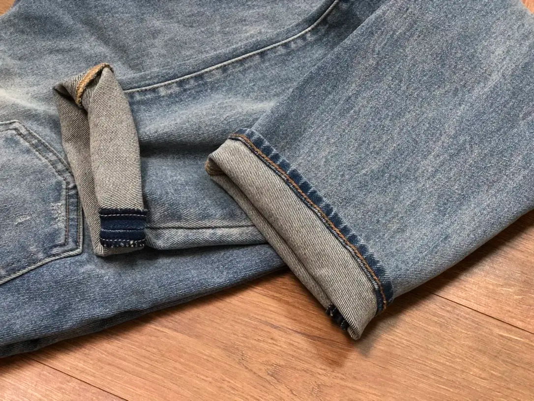 Men's Vintage American Retro Distressed Denim Jeans - 100% Cotton Washed Relaxed Tapered Straight Fit with Patchwork Pants