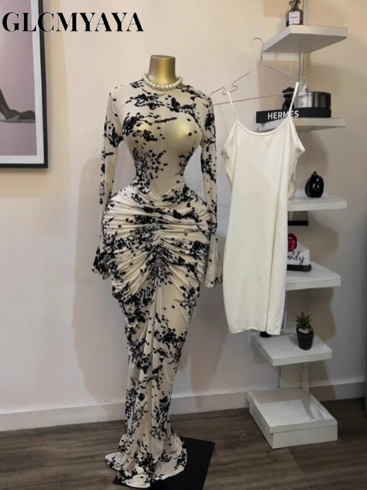 CM.YAYA Women Long Sleeve Stacked Mesh See Though with Lining Bodycon Long Dress 2025 Autumn Evening Birthday Sexy Party Dresses