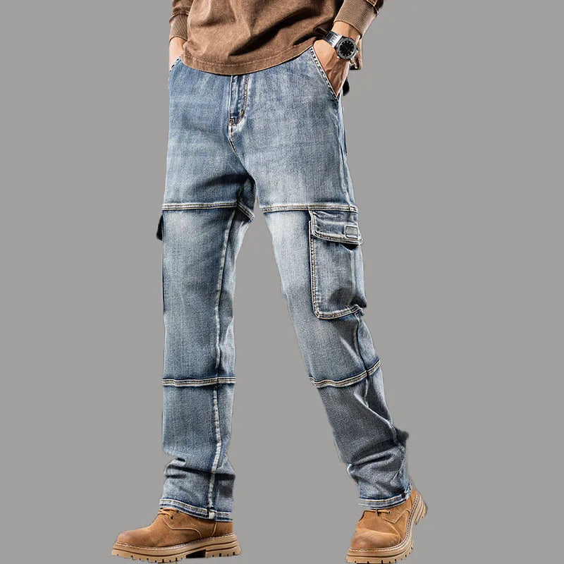 Autumn New Styles Outdoor Men'S Wide Leg Jeans Workwear Multi-Pocket Straight Pents Baggy Jeans Plus Size Tapered Jeans