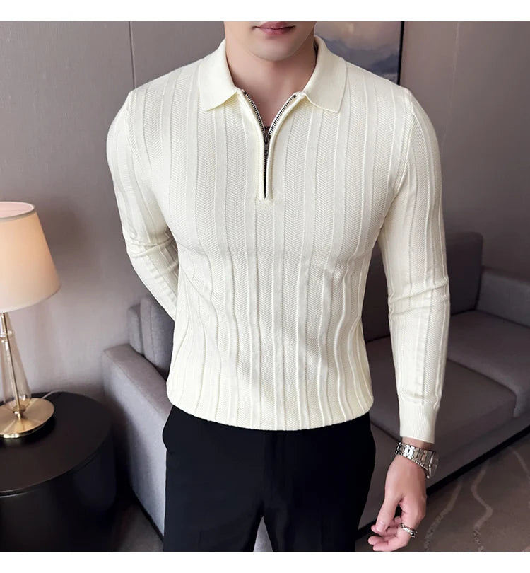 Men's Zip-Front Knit Sweater - White Polo Collar (Black/Burgundy/Cream) M-4XL Soft Touch Autumn Winter Casual Style