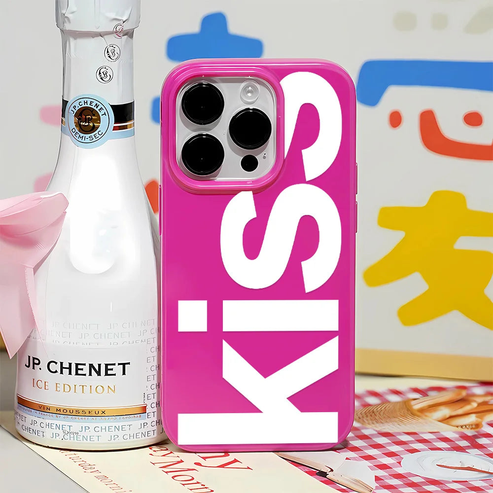 Personalized English Letters Kiss Phone Case For iPhone 16 15 14 13 12 11 Pro Max 16E XR X XS Max 7 8 Plus INS Simple Soft Cover