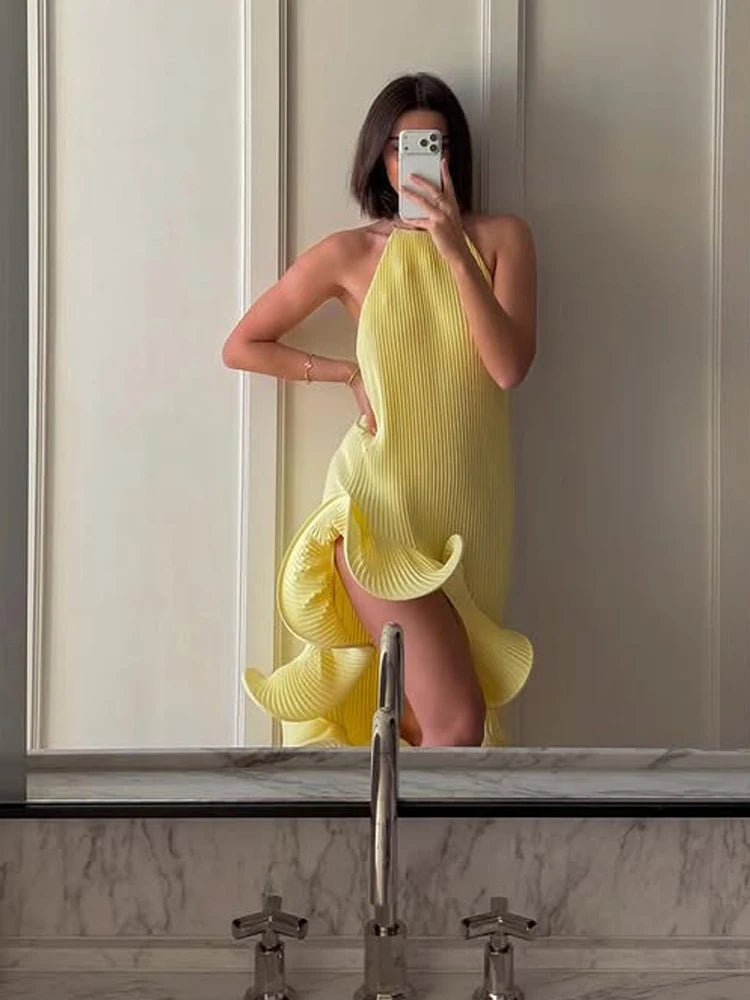 Women Romantic Yellow Halter Maxi Dress Ribbed Knit Ruffled High-slit Slim-fit Vestido 2026 Lady New Spring Trendy Fashion Robes