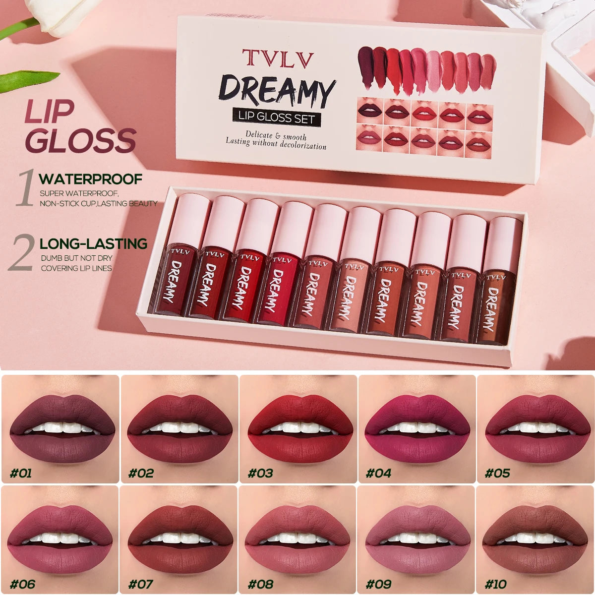 10-Piece Velvet Lip Gloss Set – Waterproof, Long-Lasting, Moisturizing