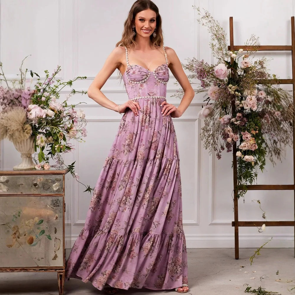 Giyu Sexy Pearl Evening Club Party Dresses Women Summer Dress Elegant Spaghetti Strap Backless Lace Up Maxi Long Ruffles Robe