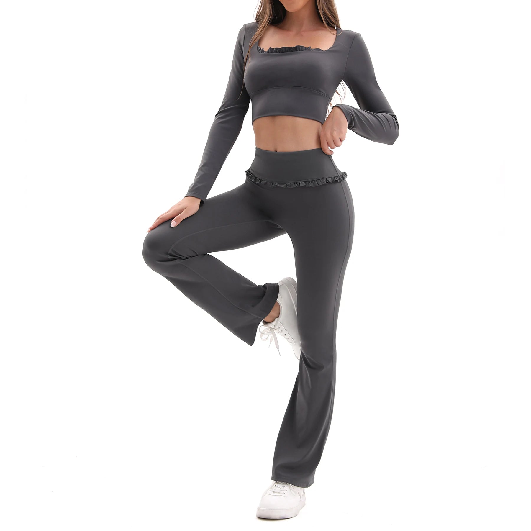 FrillFlow™ 2-Piece Yoga Set — Tummy-Control Flare Pants & Long-Sleeve Top