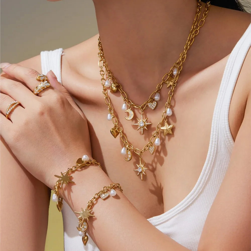 Zircon Heart, Star & Moon Jewelry Set | 18K Gold-Plated Stainless Steel Necklace & Bracelet