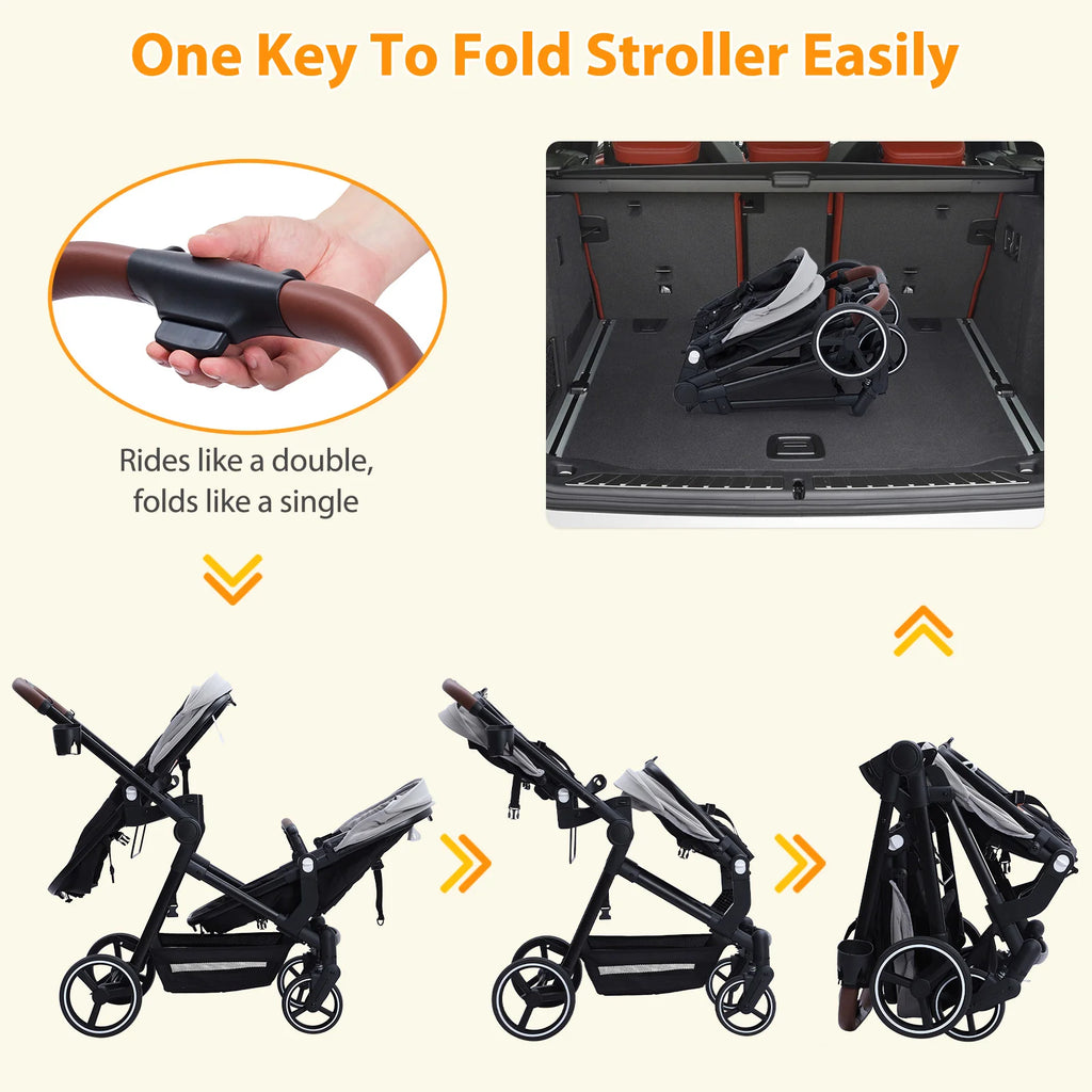 Double Stroller Track Tandem Stroller for Infant and Toddler, Foldable Pushchair Bassinet Pram, Multi-Position Reversible