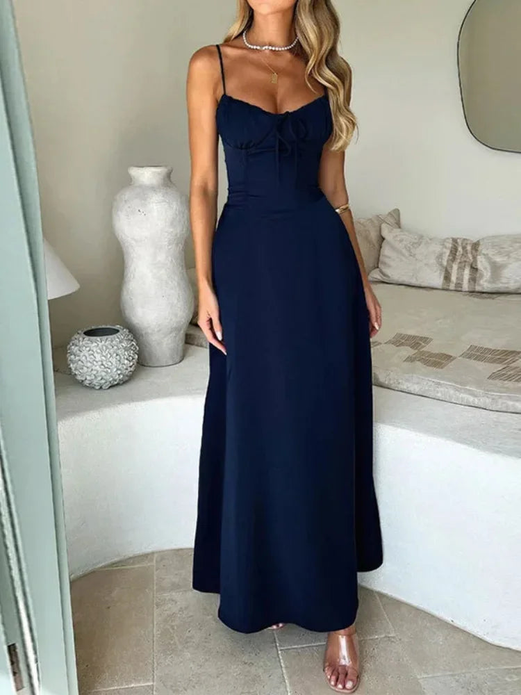 Casual Women High Waist A-line Sling Dress Sleeveless Cinched-waist Pleated Slim Long Dresses 2026 Lady Vacation Street Gowns
