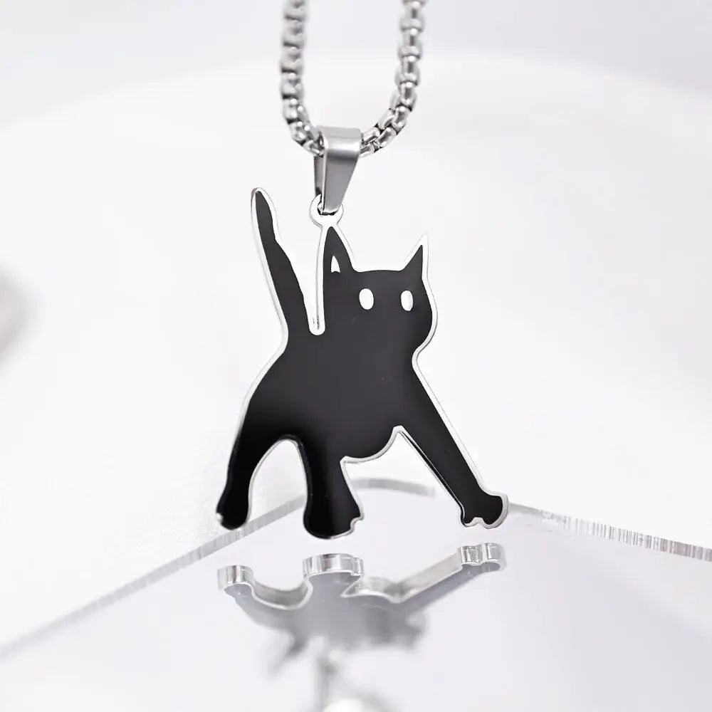 Scared Black Cat Pendant Necklace | Titanium Steel K-Pop Fashion Chain for Men & Women