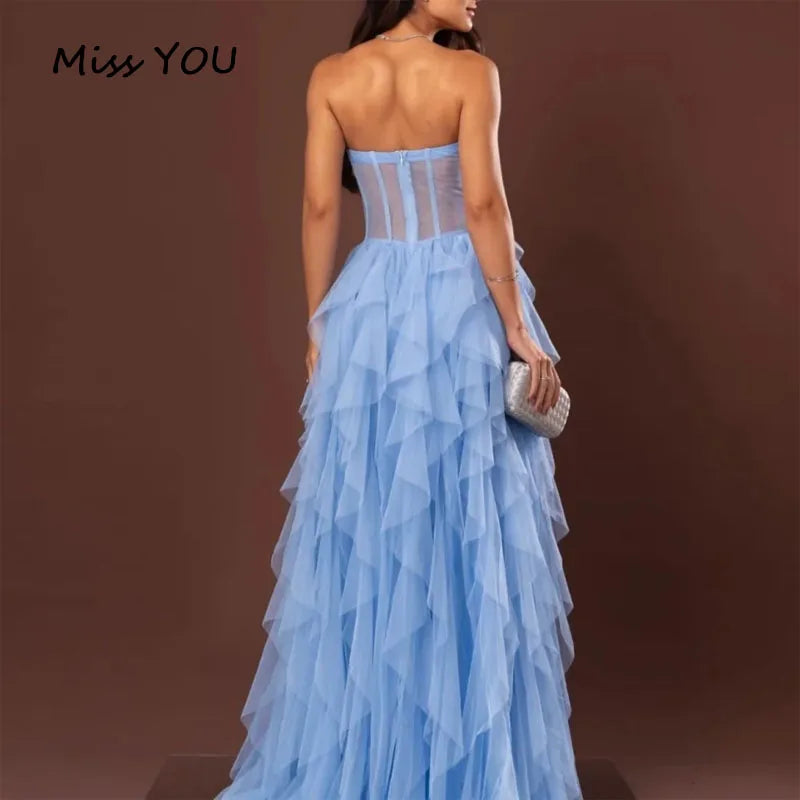 Customized Prom Dress L  A-line Mesh Fabric Multi-Layered robes de soirée Strapless Party Dresses Floor-Length Side Slit
