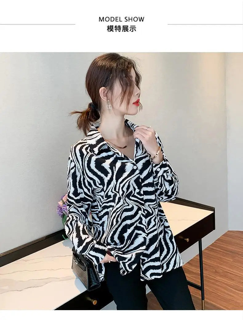 Fashion Lapel Button Printed Leopard 2022 Autumn New Chiffon Shirt Loose Commute Tops Oversized Casual Women's Clothing Blouses