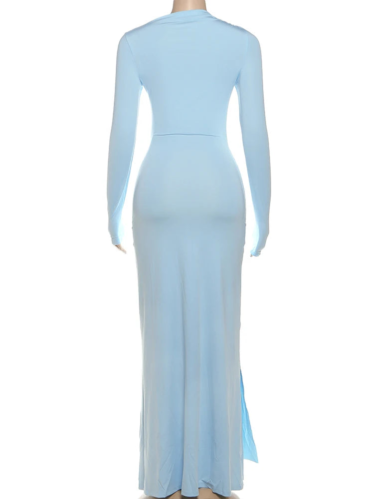 Weird Puss Ruched Elegant Maxi Dress Women Daily Casual Fashion Skinny Full Sleeve Solid Gown Midnight Prom Party Long Bodycon