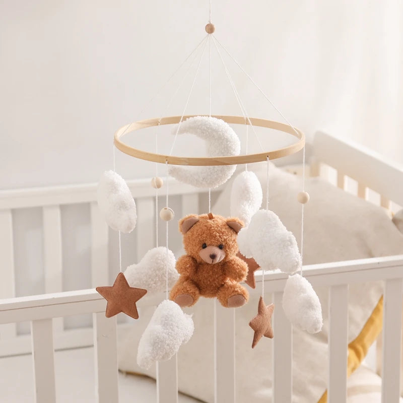 Wooden Crib Mobile Baby Bed Bell Rattle Toy Soft Felt Cartoon Bear Mobile bracket Newborn Music Box Bed Bell Hanging Bracket Toy