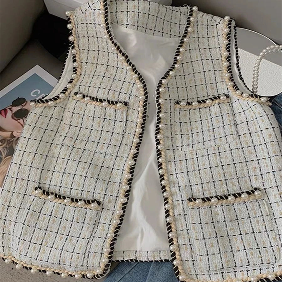 Women’s Tweed Plaid Vest – Wool-Blend Waistcoat with Pearl Buckle, Sleeveless Jacket (Vintage Korean Style, Spring/Fall)