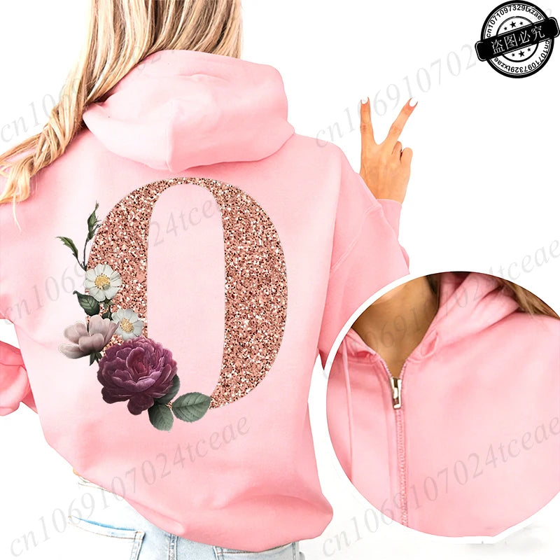 Women Zip Up Hoodies Rose Gold Letter A~Z Zipper Jackets Coats Autumn Winter Hoody Sweatshirt Fashion Casual Zip Pink Hoodie Top