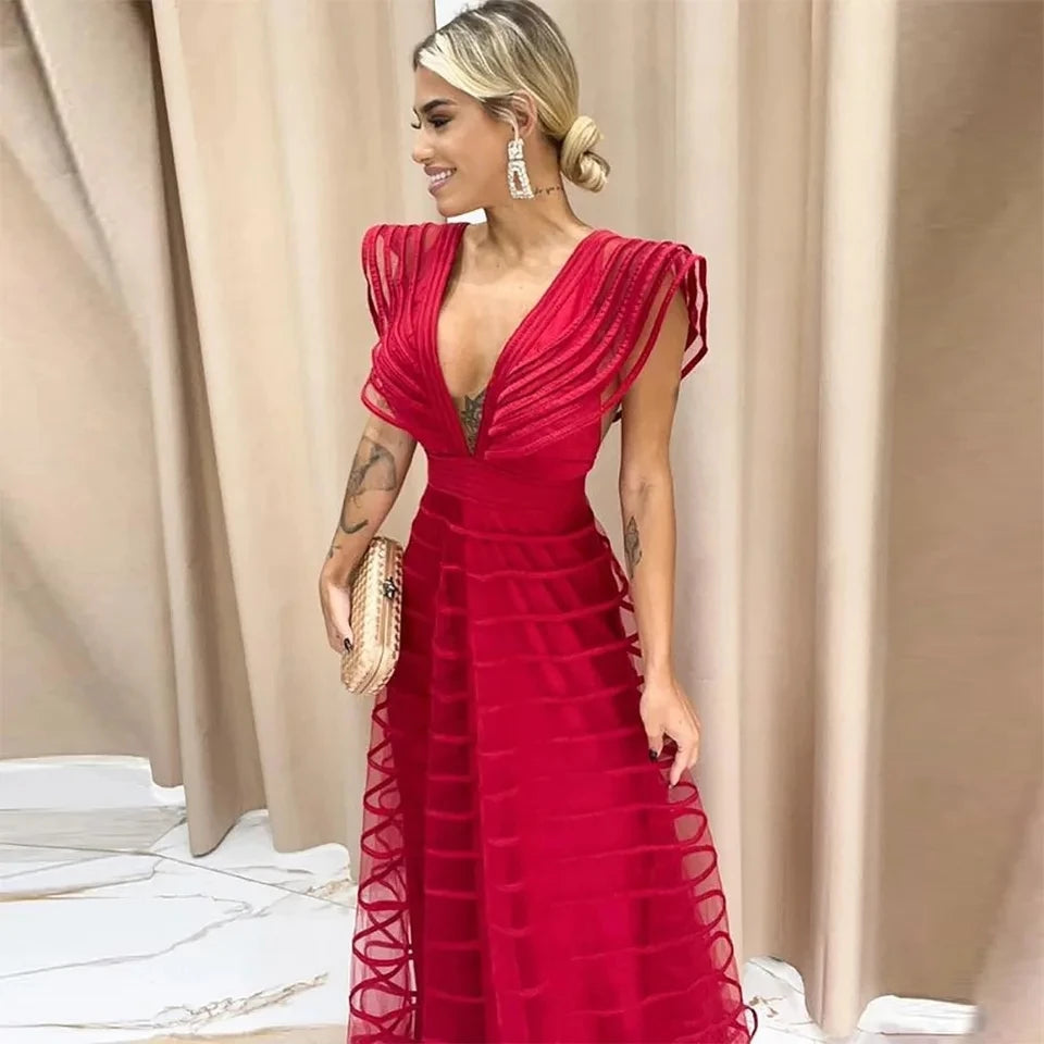 ROSES A Line Fuchsia Formal Dresses Pleat Sleeveless Prom Gown for Woman Deep V Neck Wedding Party Dress robe de bal Customized
