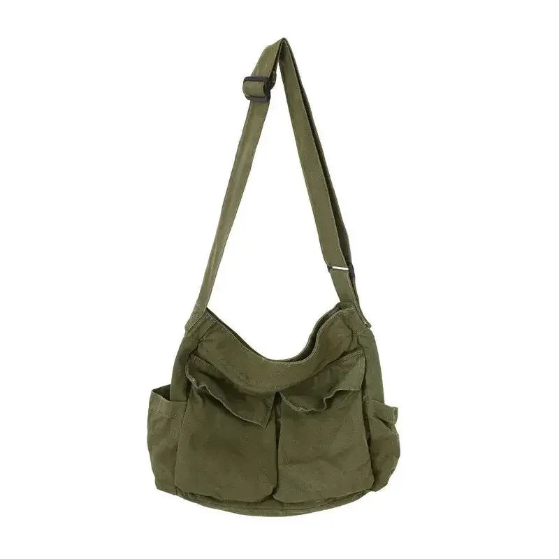 Women's Campus Messenger Bag Large Capacity Solid Color Canvas Shoulder Backpack Casual Handbag