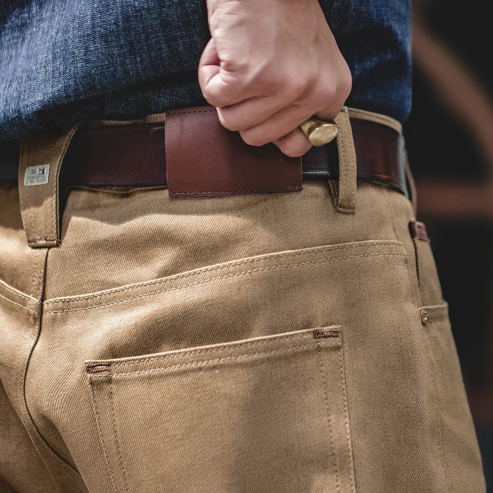 Maden Vintage Raw Denim Selvedge Jeans 11.7OZ Straight Fit Tapered Jeans Men's Solid Color Khaki Pants Streetwear Trousers