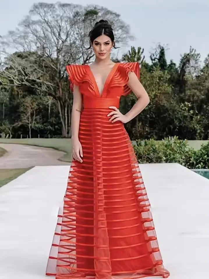 ROSES A Line Fuchsia Formal Dresses Pleat Sleeveless Prom Gown for Woman Deep V Neck Wedding Party Dress robe de bal Customized