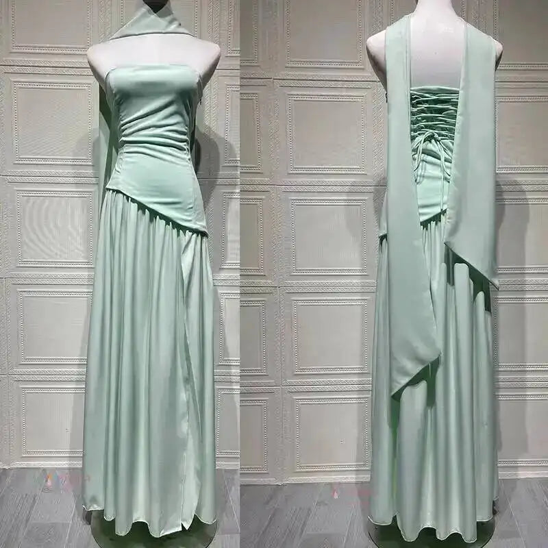 Giyu Sexy Evening Party Dresses Women 2025 Autumn Summer Maxi Long Dress Elegant Strapless Split Backless Pleated Dress