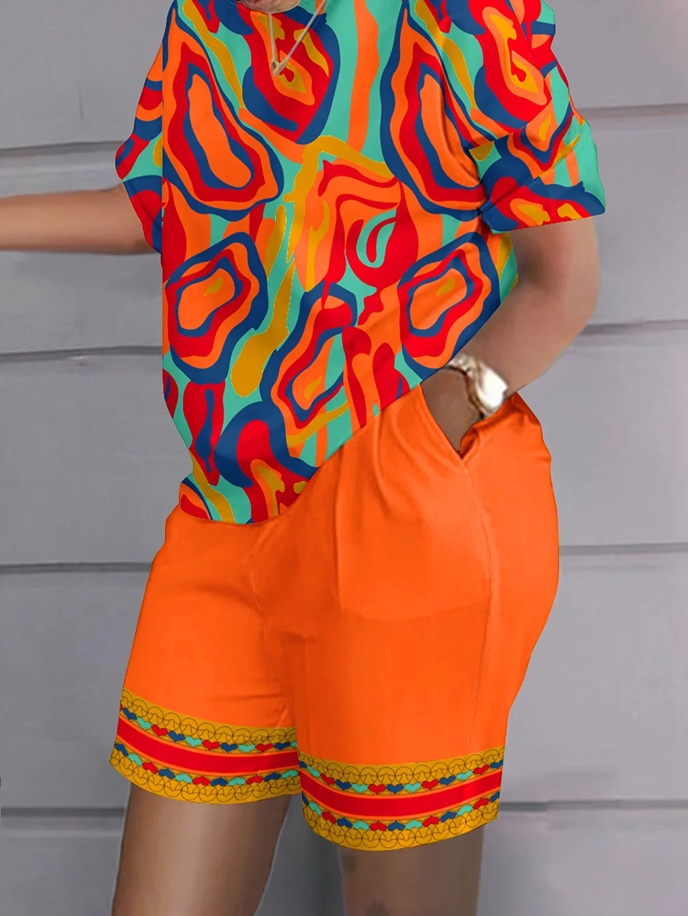 Plus Size 1XL-5XL Women Casual Colorful Abstract Print Pajama Set  Short Sleeve Round Neck T-Shirt & Shorts Summer Loungewear