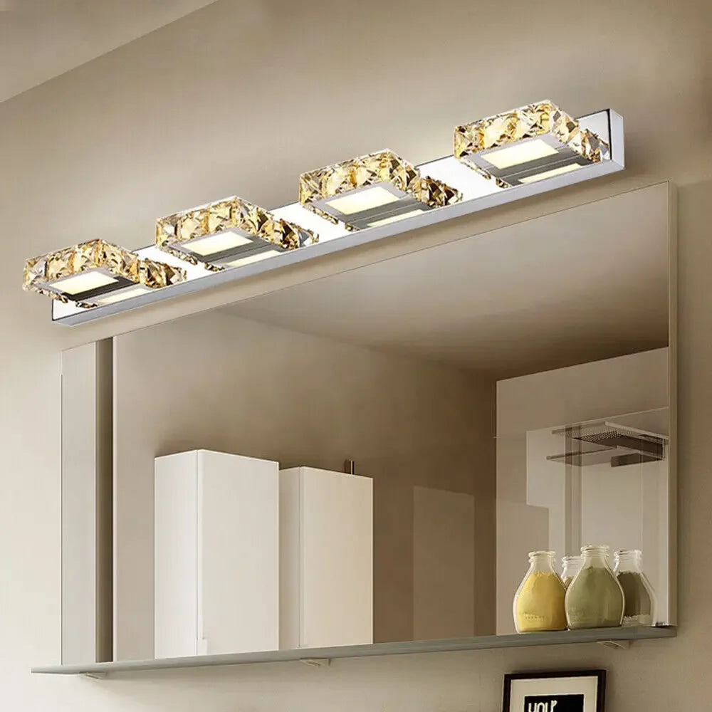4-Light LED Crystal Vanity Mirror Lamp | Gold Bathroom Wall Light