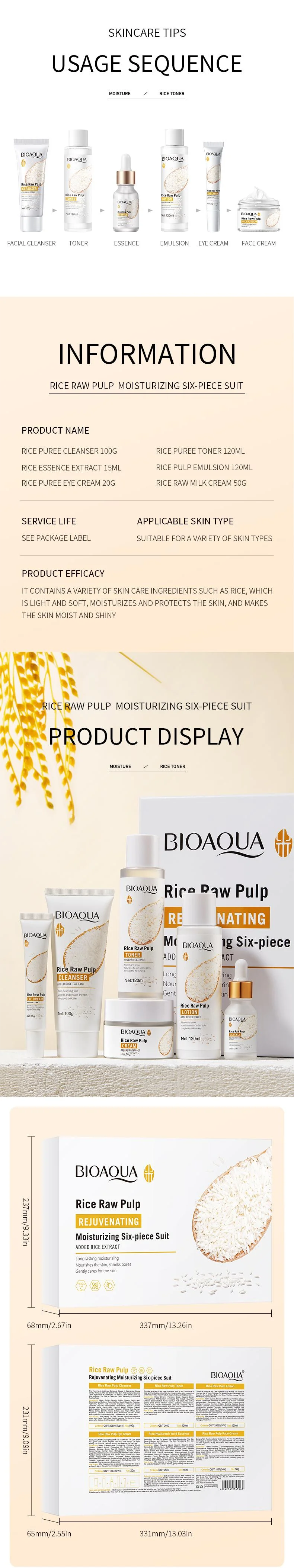 BIOAOUA Rice Puree Rejuvenating and Moisturizing six-piece Set Whitening Firming Anti-aging Beauty Facial Skincare Set