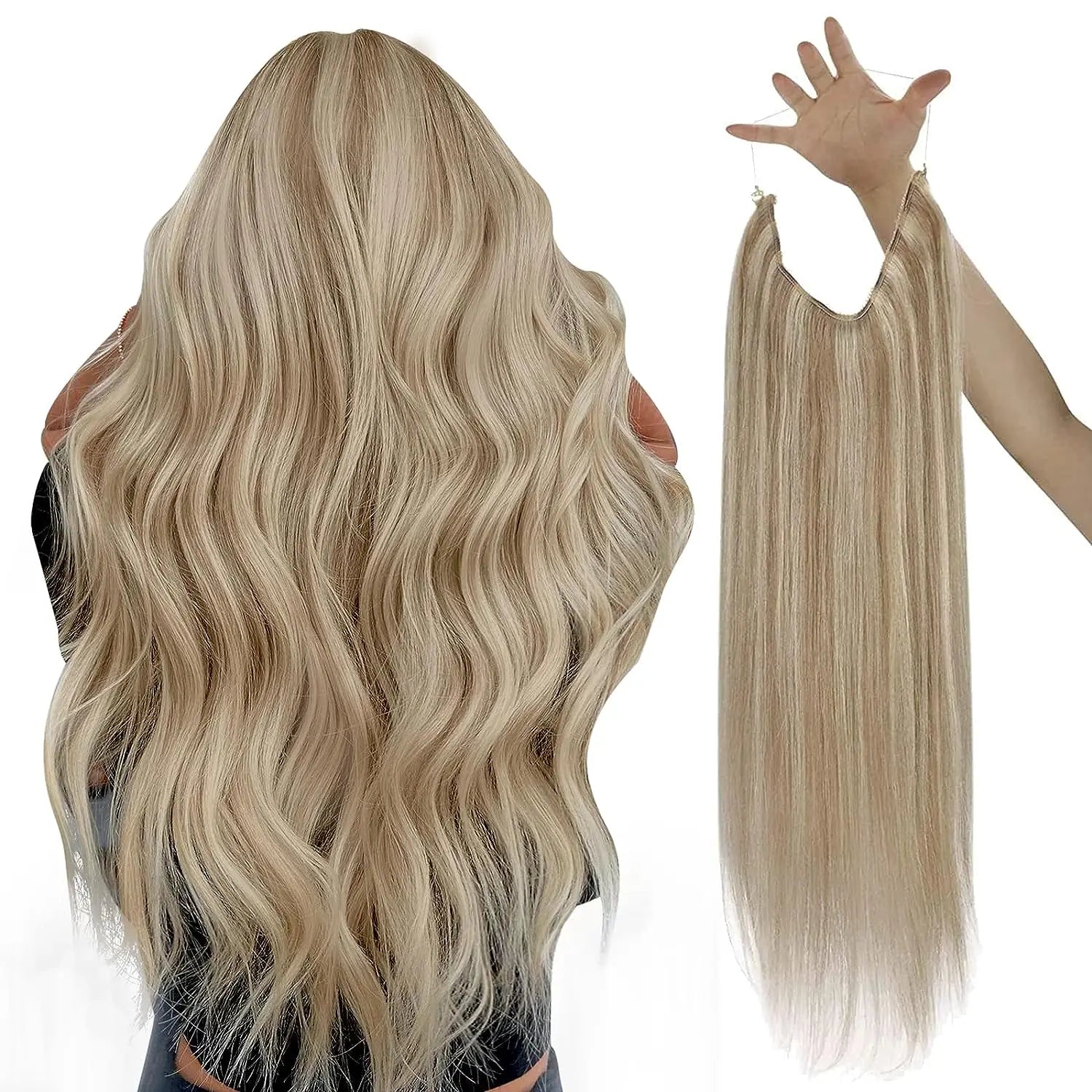 VeSunny Fish Line Human Hair Extension Remy Hair One Piece Invisible Wire Hair Weft Brazilian Hair Balayage Hair Extensions