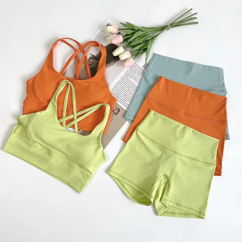 ZOCI 2-Piece Naked-Feel Yoga Set — Strappy Sports Bra & High-Waist Shorts for Women