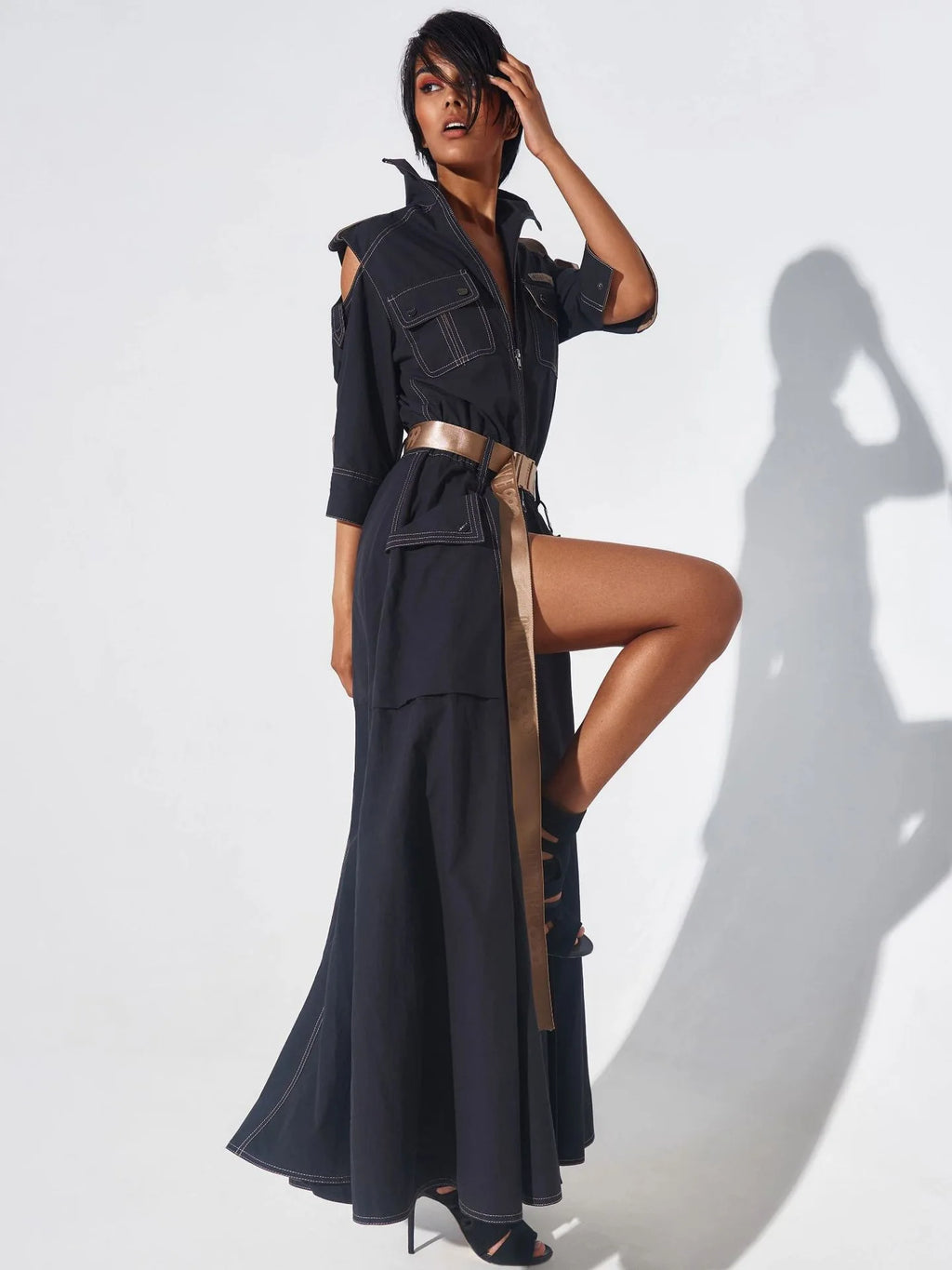 Summer Dress for Women 2026 Retro Turn-down Collar Cold Shoulder Half Sleeve Zipper Belt Pockets Split High Waist Maxi Dresses