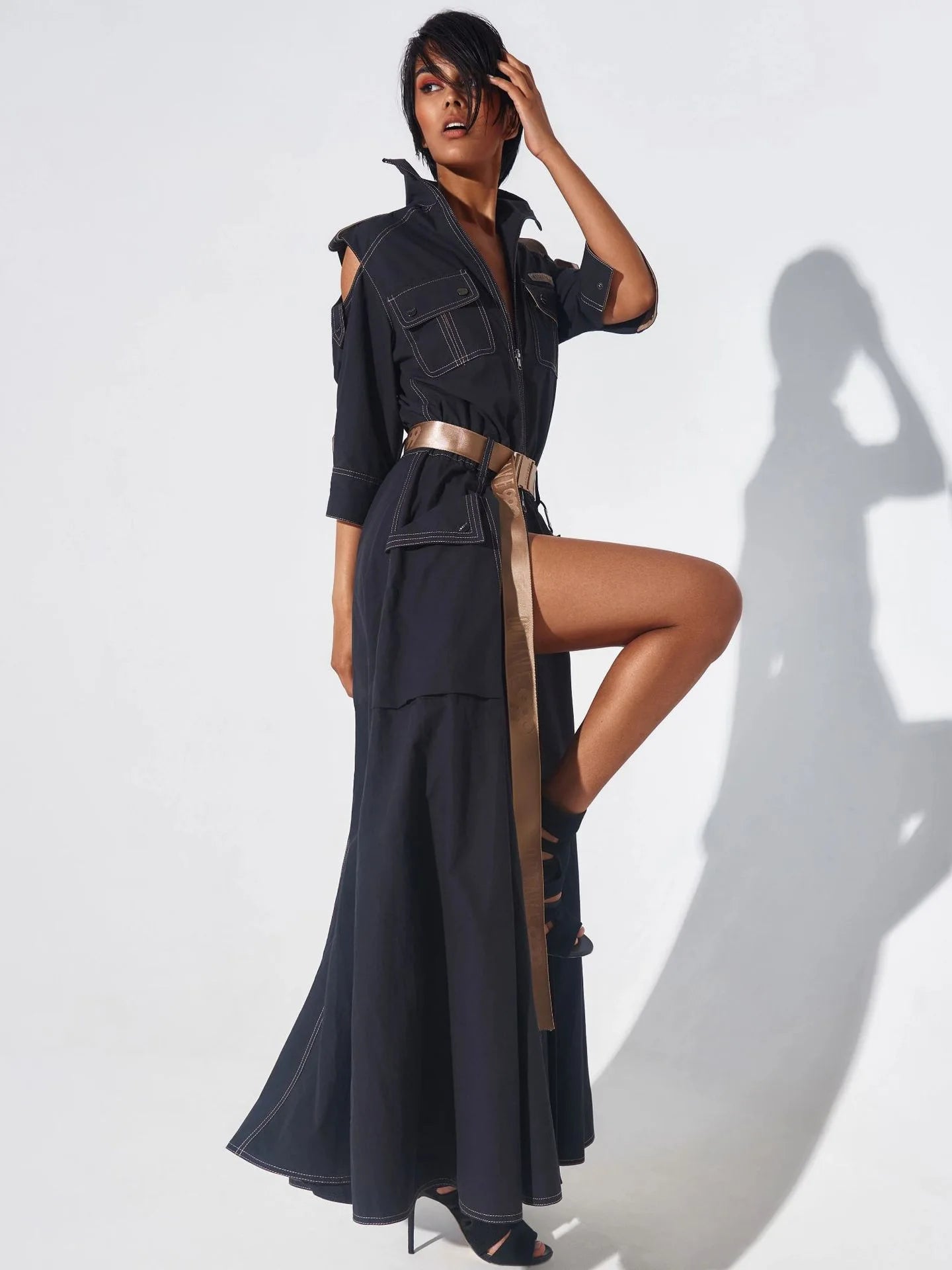 Summer Dress for Women 2026 Retro Turn-down Collar Cold Shoulder Half Sleeve Zipper Belt Pockets Split High Waist Maxi Dresses