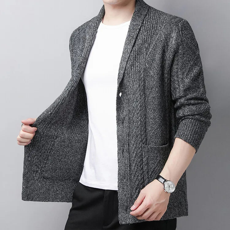 New Men's Knitted Cardigan, Youth Lapels Long Sleeve Coat, Men's Sweater Casual, Camel Black Gray Warm Sweater