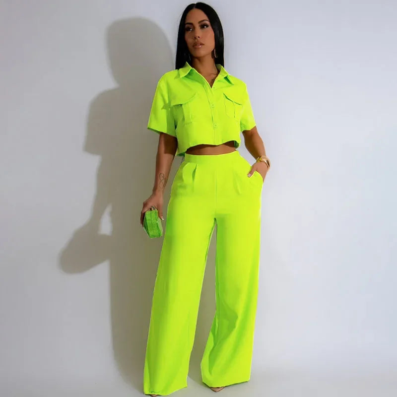 Solid Elegant Pant Sets Womens 2 Piece Outfit Summer 2026 Turn-down Collar Button Up Pockets Shirt Top and Wide Leg Pants Suit