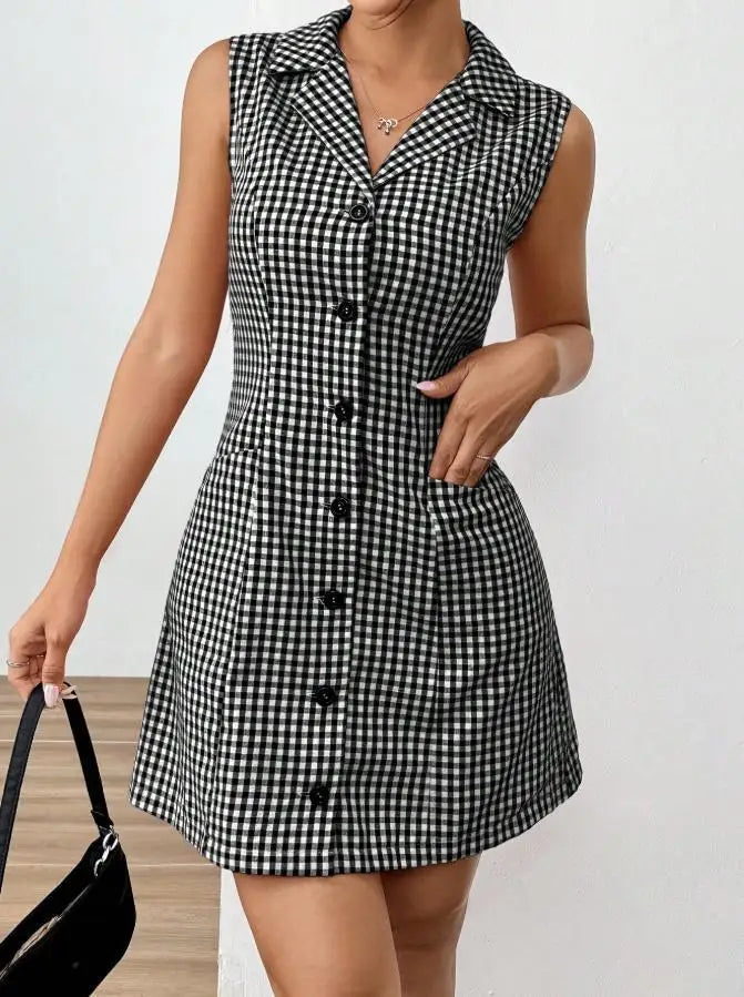 French Retro Plaid Dresses Women Summer New  Sleeveless Round Neck Button Up Cocktail Dress Female Bodycon Dresses Vestidos