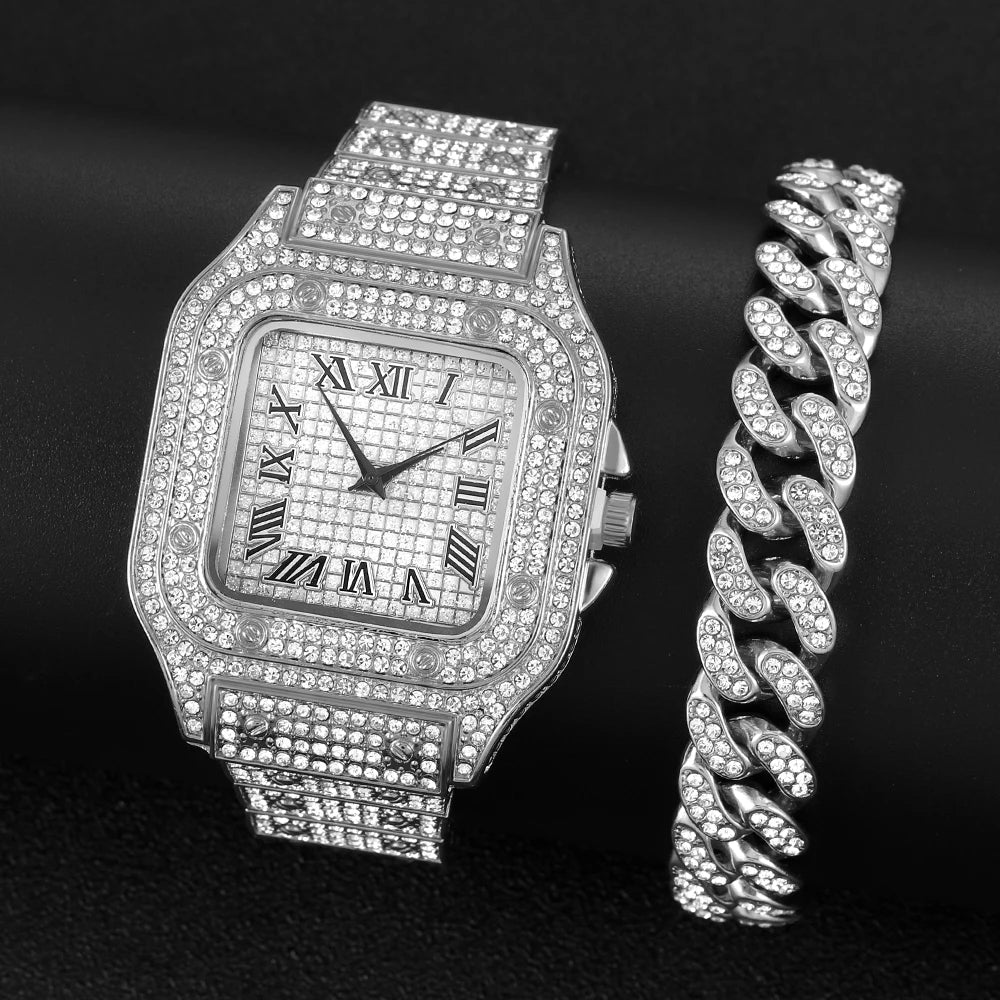 Women’s Full Iced-Out Watch Set | Green Dial Luxury Bling with Cuban & Tennis Chain Bracelets
