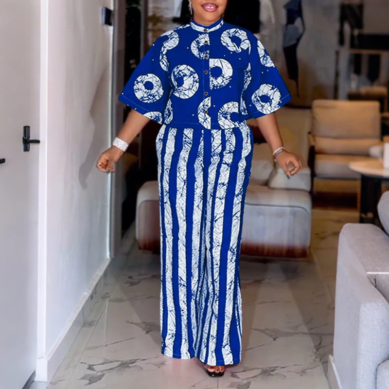 5XL VONDA Plus Size 2 Piece Outfits Autumn Women Bohemian 3/4 Sleeve Fashion Shirts Wide Leg Pants Print Vintage Pant Sets 2PCS
