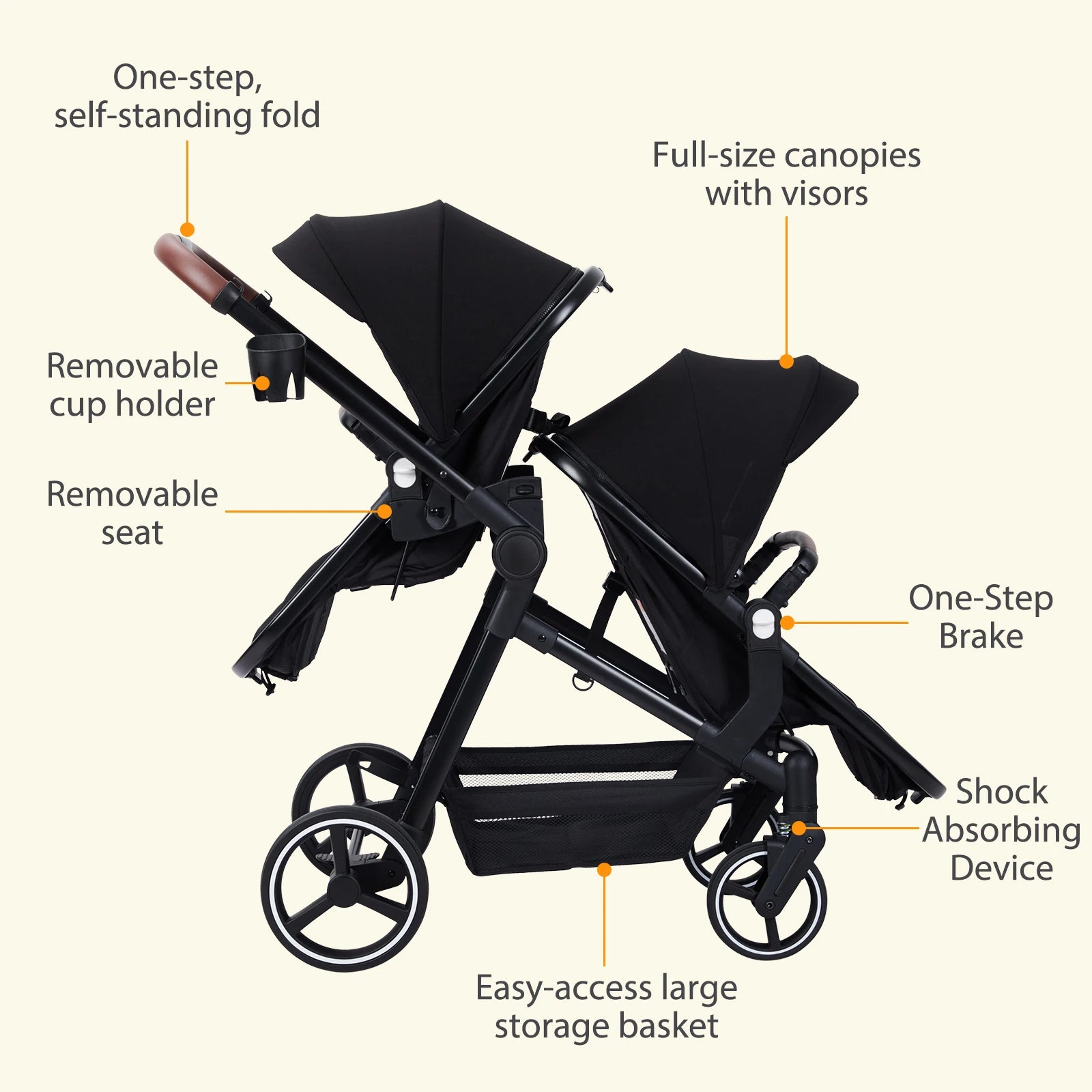 Double Stroller Track Tandem Stroller for Infant and Toddler, Foldable Pushchair Bassinet Pram, Multi-Position Reversible