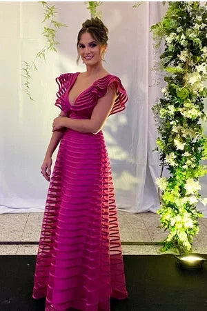 ROSES A Line Fuchsia Formal Dresses Pleat Sleeveless Prom Gown for Woman Deep V Neck Wedding Party Dress robe de bal Customized