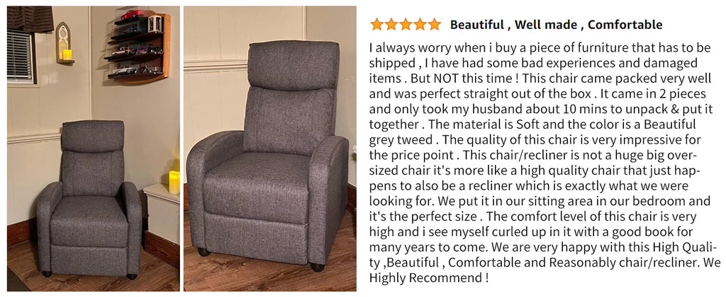 JHK Recliner Chair Massage Sofa Fabric Theater Lumbar Support Adjustable Modern Padded Seat Backrest Living Room Home Grey