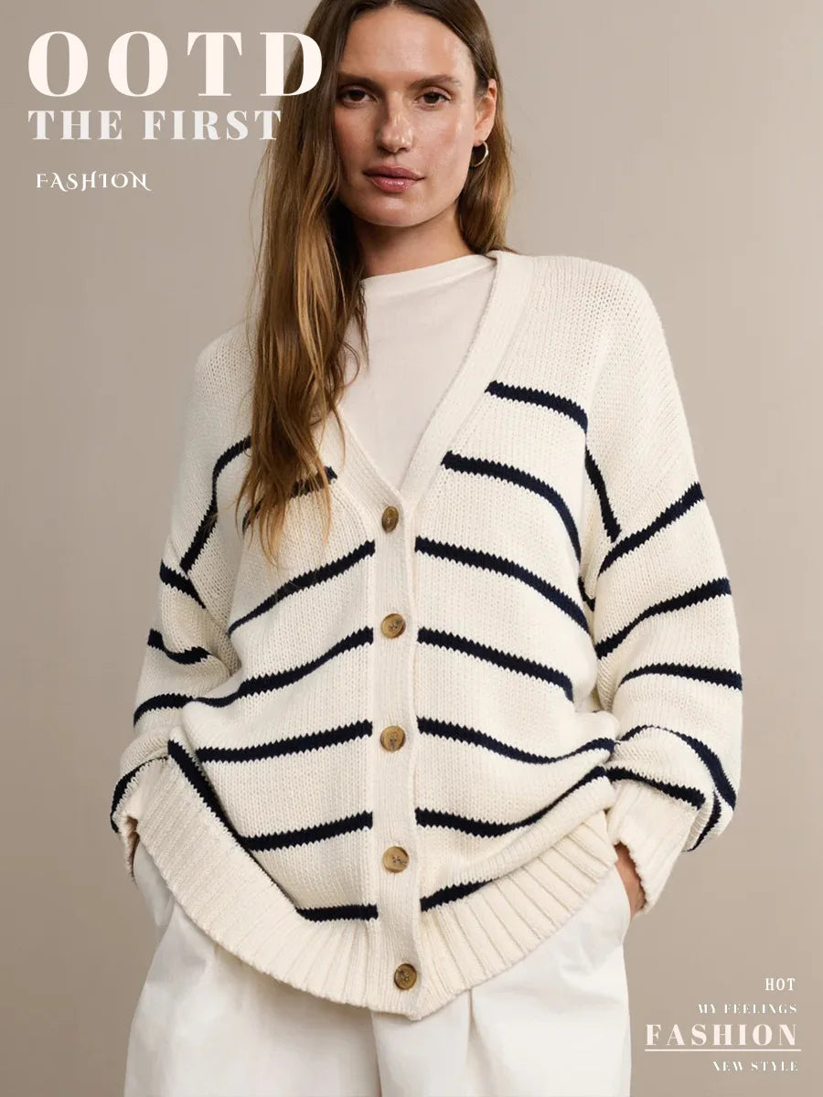 Cozy Autumn Striped Knit Cardigan – V-Neck Button-Up Sweater for Effortless Style