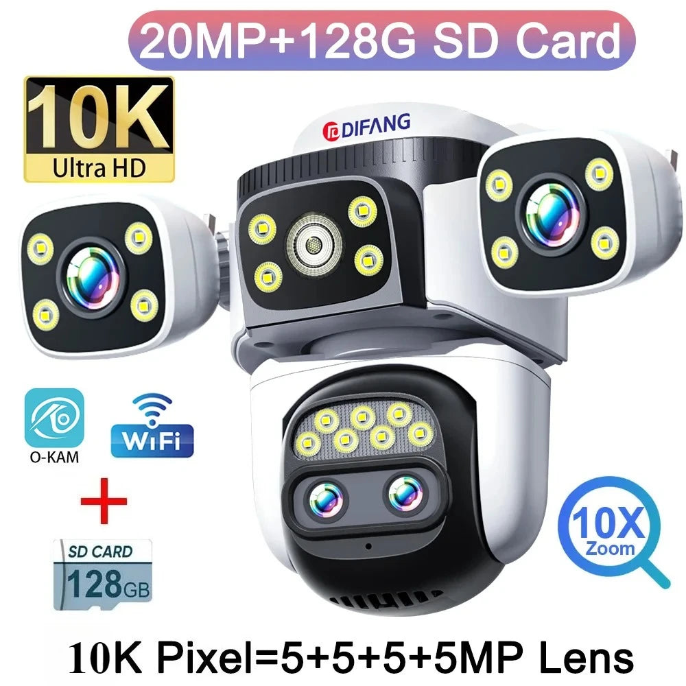Outdoor 10K WiFi6 Camera 20MP 10X Optics Zoom Three Screen Four Len PTZ Automatic Tracking 6K Dual Lens Waterproof Security CCTV